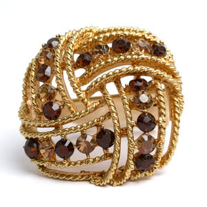 Vintage Crown Lisner Smoked Topaz Rhinestone Circle Brooch old hollywood